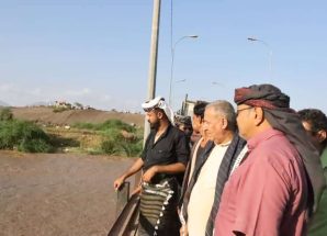 فريق التوجيه والرقابة الرئاسي يتفقد الأضرار التي لحقت بجسر العرائس جراء السيول في لحج