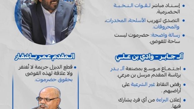 قبائل حضرموت تجتمع على كلمة واحدة: رفض فوضى عمرو بن حبريش، وقطع الطرقات، والتصدي لتهريب السلاح والمخدرات، مؤكدة دعمها الكامل لقوات النخبة الحضرمية لتثبيت الأمن والإستقرار.