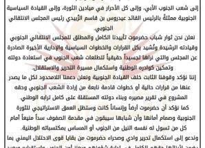 ثوار شباب حضرموت يعلنون تأييدهم الكامل للمجلس الانتقالي وقرارات الرئيس الزُبيدي