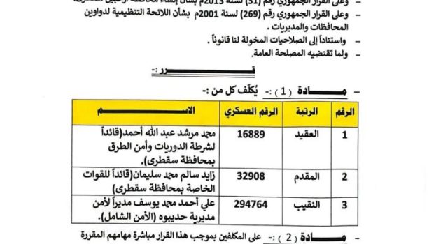 محافظ أرخبيل سقطرى المهندس رأفت الثقلي يصدر قرارًا بتكليف قيادات أمنية جديدة بالمحافظة