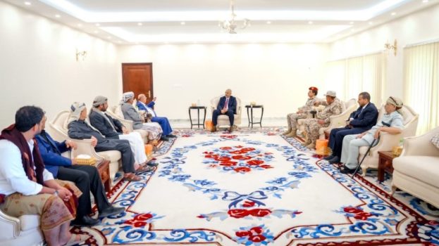 الرئيس الزُبيدي يبحث مع الشيخ البركاني سُبل تضافر الجهود لتعزيز الأمن والاستقرار في المحافظات المحررة